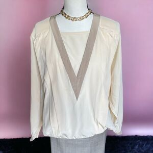 Vintage 80s Omanti Silk Cream & Tan Long Sleeve Blouse Top L XL 10 12